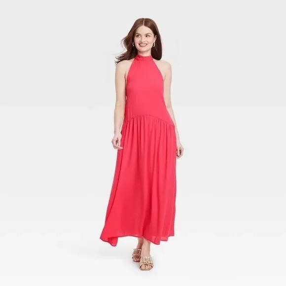 a new day Dresses & Skirts - A New Day Hot Pink Halter Tie Neck Midi Dress Pockets Sleeveless Size L NWT